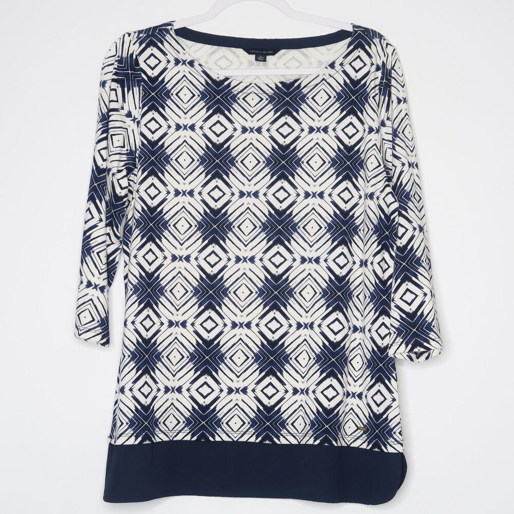Tommy Hilfiger Womens Top Size XL Blue Cream Shirt Geometric Watercolor Nautical